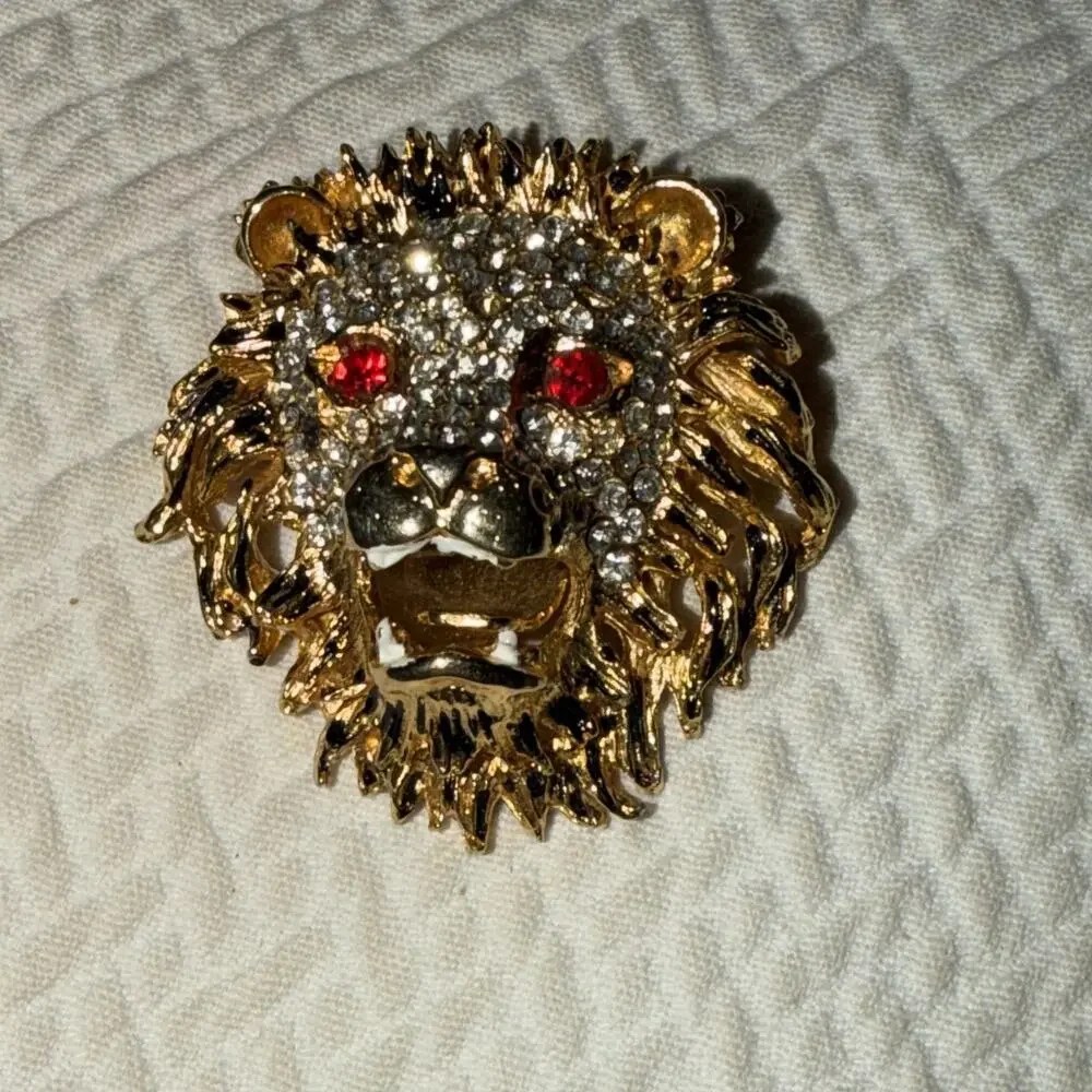 Vintage Gold Black Rhinestone Lion Head Brooch‎ Pin